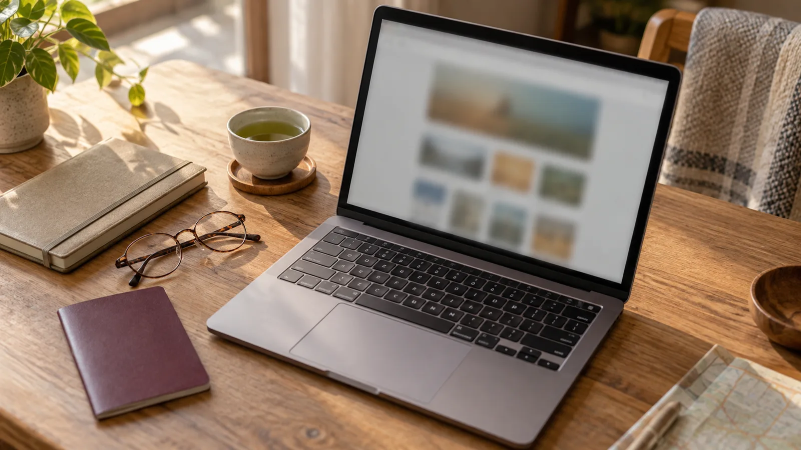 A laptop open to a soft, blurred travel-booking screen on a wooden table beside a passport, a folded paper itinerary, and a cup of tea in warm morning light