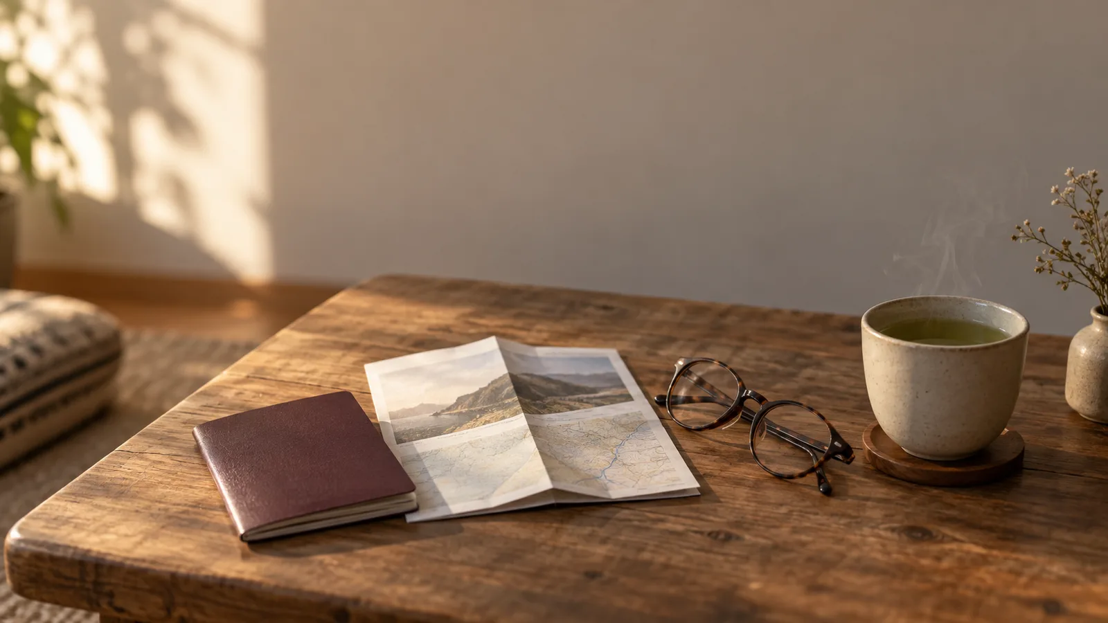 A passport, a folded paper itinerary, and a pair of reading glasses resting on a low wooden table beside a cup of tea in soft morning light