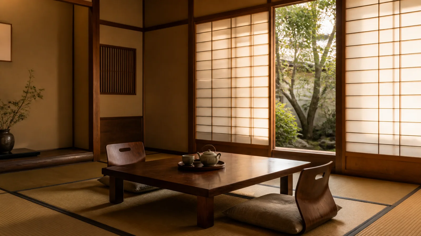 A quiet traditional Japanese tatami room with a low table, teapot, and soft light through paper screens