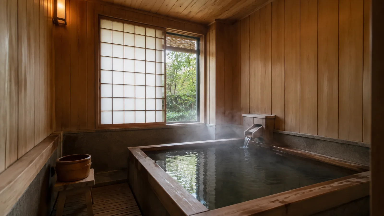 A small indoor private bath in a Japanese ryokan, wood-lined with gentle steam rising, soft daylight through a screen and a hint of garden greenery outside