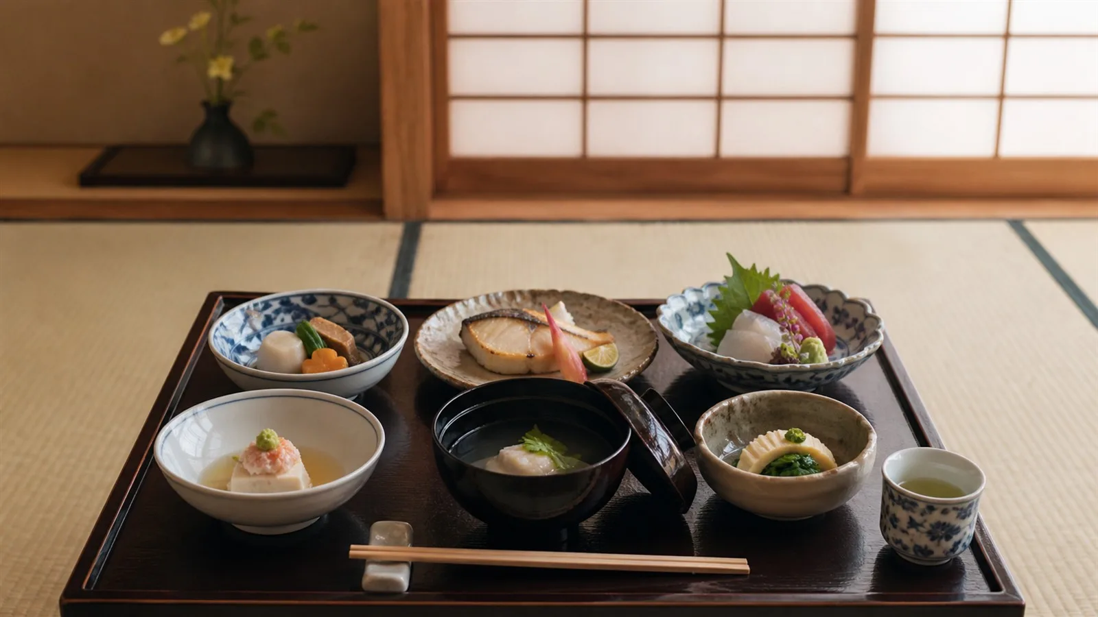 A kaiseki dinner tray with several small seasonal dishes arranged on a lacquered table at a ryokan