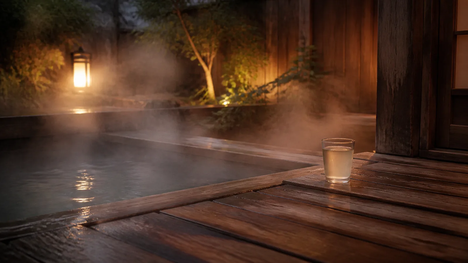 A quiet open-air wooden bath deck at dusk with steam and a drink at the edge