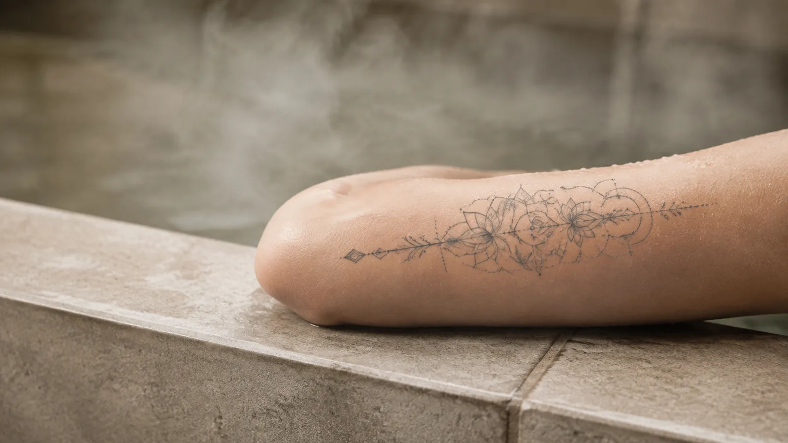 A forearm with a tattoo resting on the stone edge of an onsen bath, with steam rising off the water