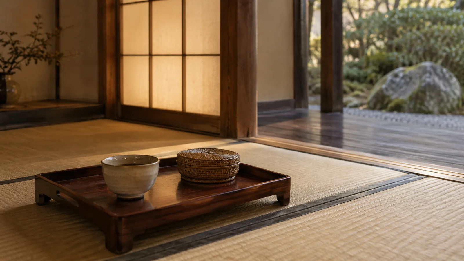 A low lacquered wooden tray on a tatami mat near a ryokan entrance, holding a plain teacup and a small woven basket, in soft warm light