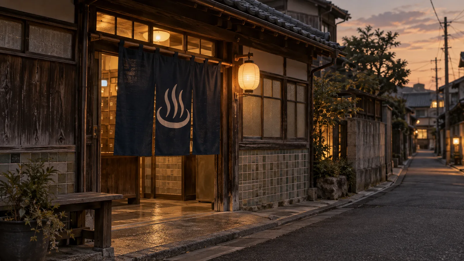 A neighborhood sento public bathhouse entrance at dusk, with a dark blue noren curtain and a warm paper lantern glowing beside the door