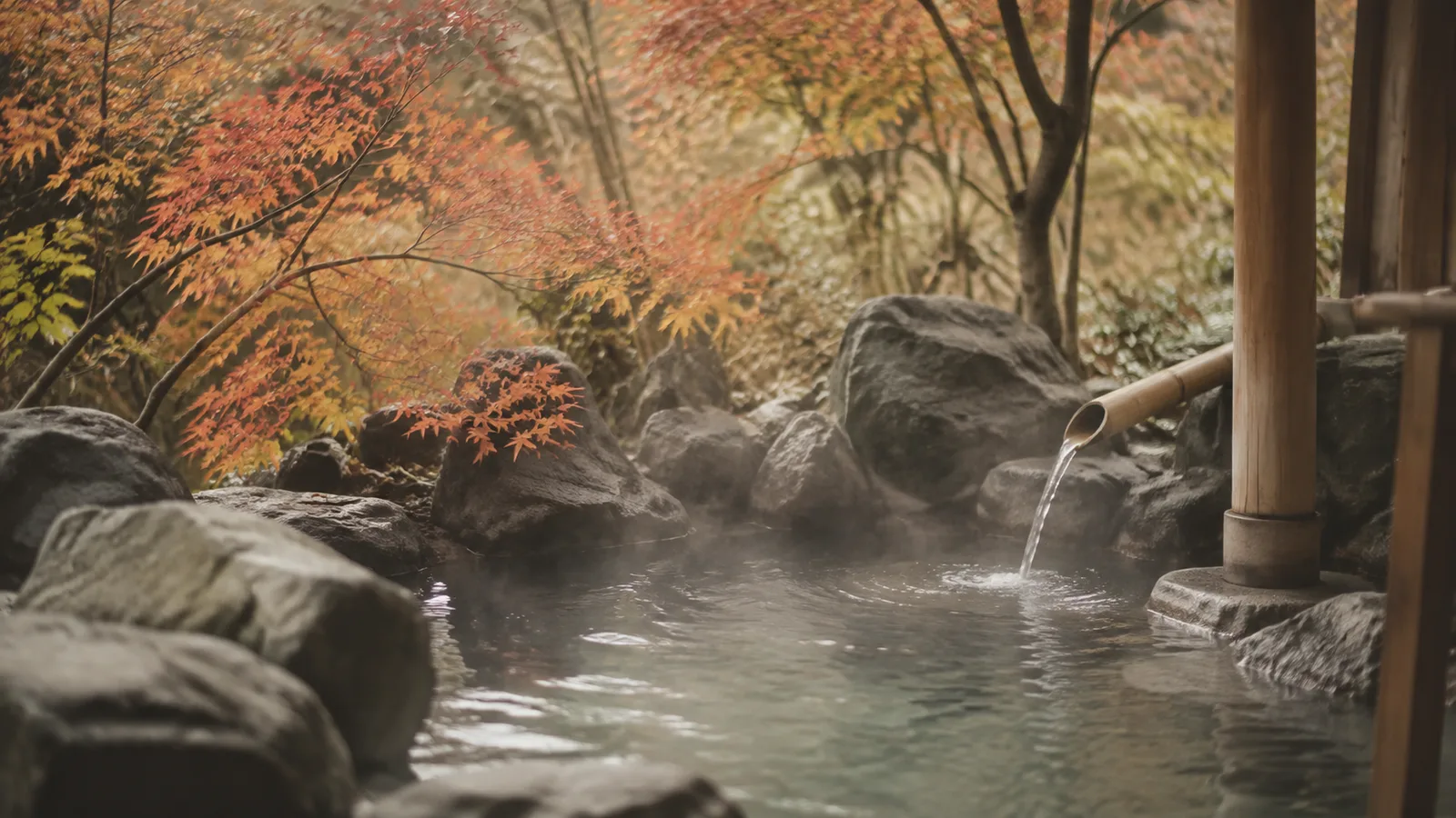 An open-air rotenburo bath surrounded by rocks with water flowing from a wooden spout, framed by autumn maple leaves