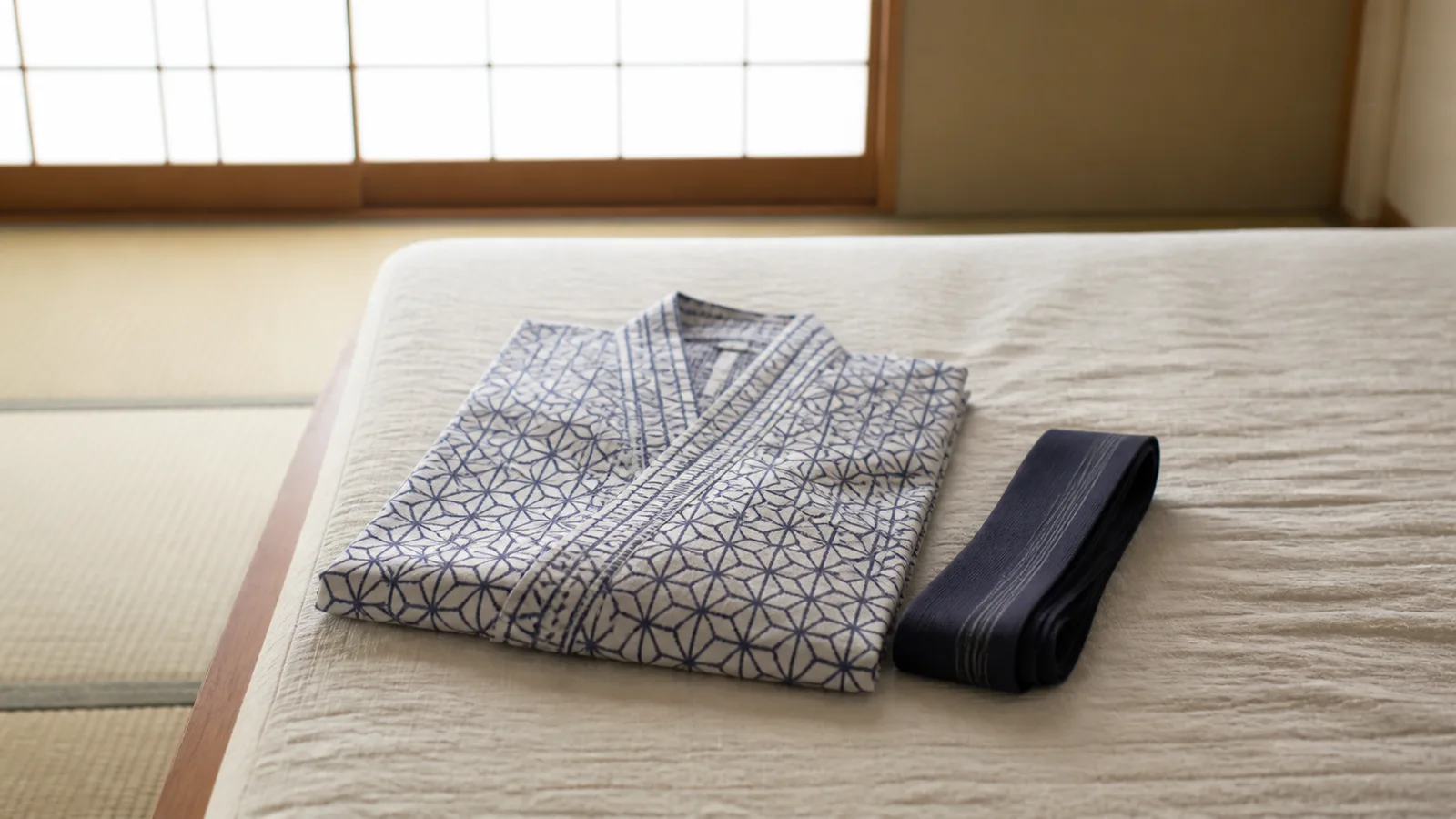 A folded indigo patterned yukata and obi belt laid neatly on a futon in a tatami room