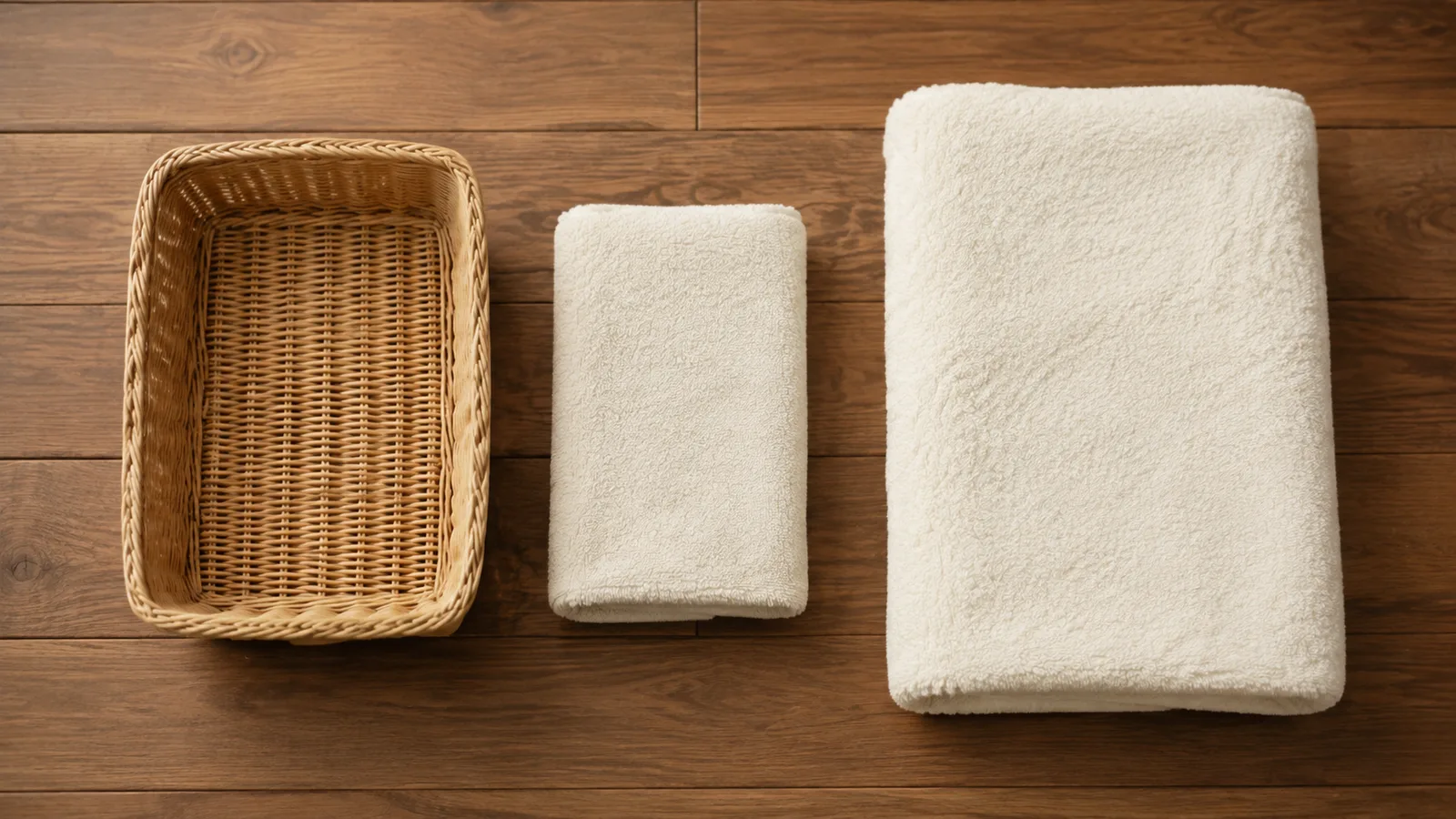 A neatly folded small hand towel and a larger bath towel beside a small wicker basket on a wooden surface