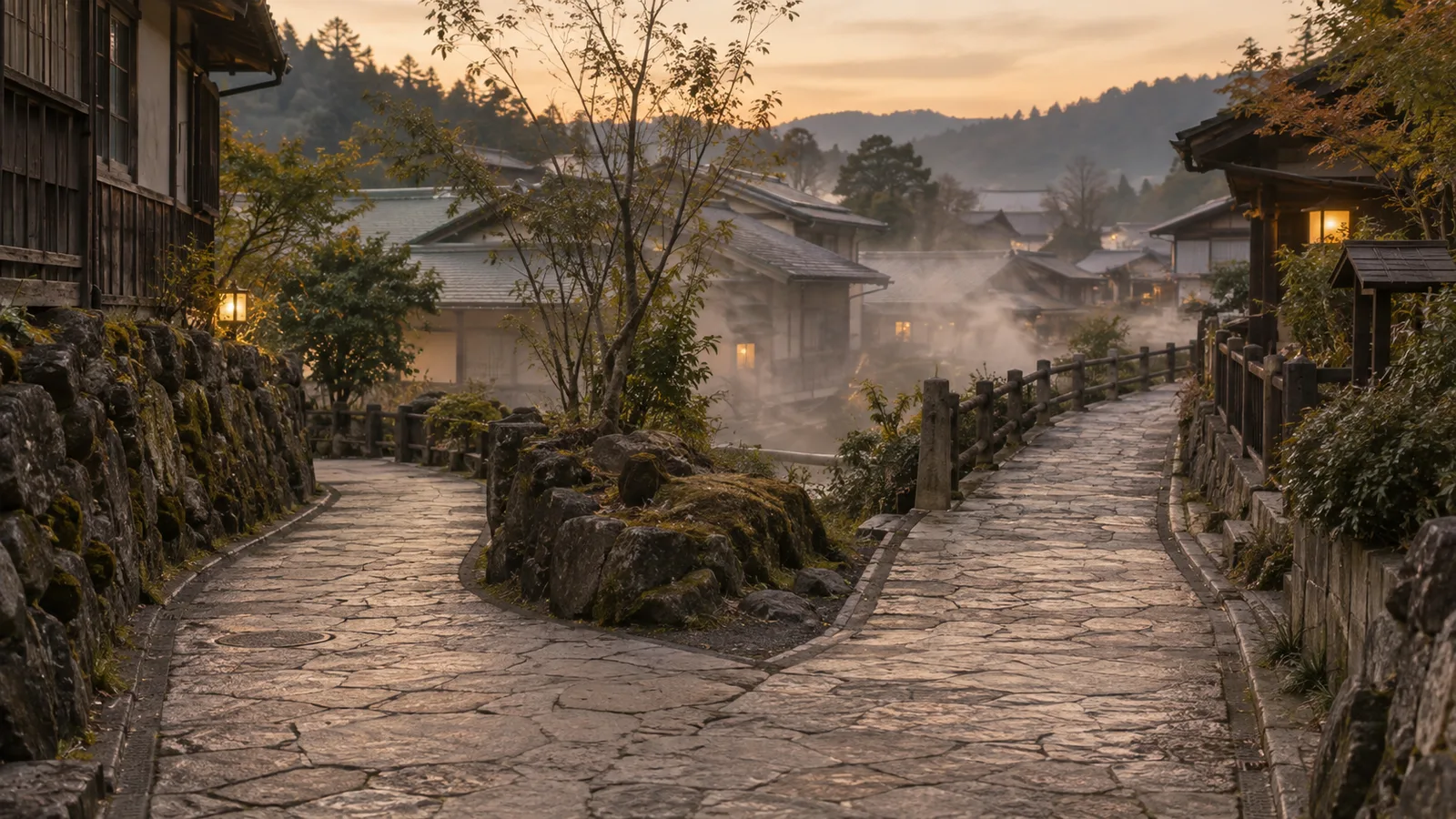 A quiet stone path forking toward the misty rooftops of a distant hot-spring town