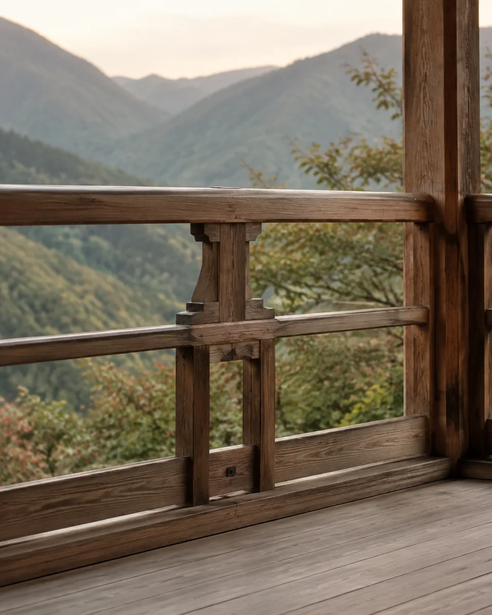 A traditional ryokan's wooden veranda railing overlooking a quiet mountain landscape in soft evening light